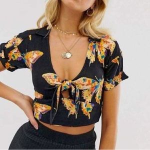 Free People Tie-Dye Butterfly Front Tie Crop Top